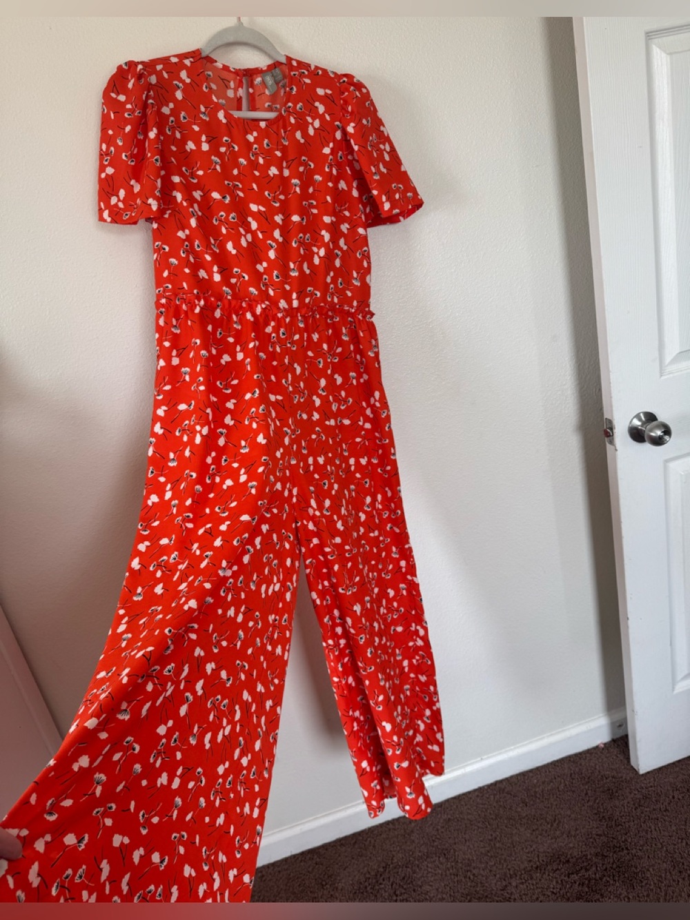 ASOS Red Orange Floral Print Wide Leg Jumpsuit Crop Short Sleeve US 2